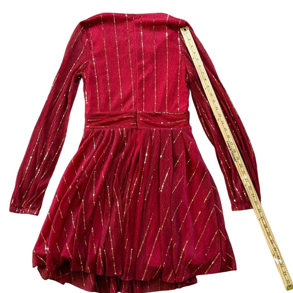 Chic Me Red Gold Sequin Stripe Dress Large V-Neck Long Sleeve Pleated Holiday - Picture 9 of 11